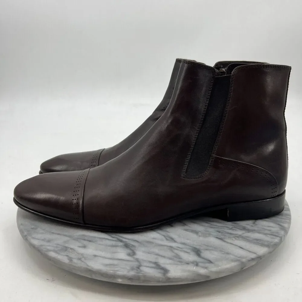 Dapper Man Cap Toe Chelsea Boots Mens 44 Brown Leather Side Zip Elastic Slip On